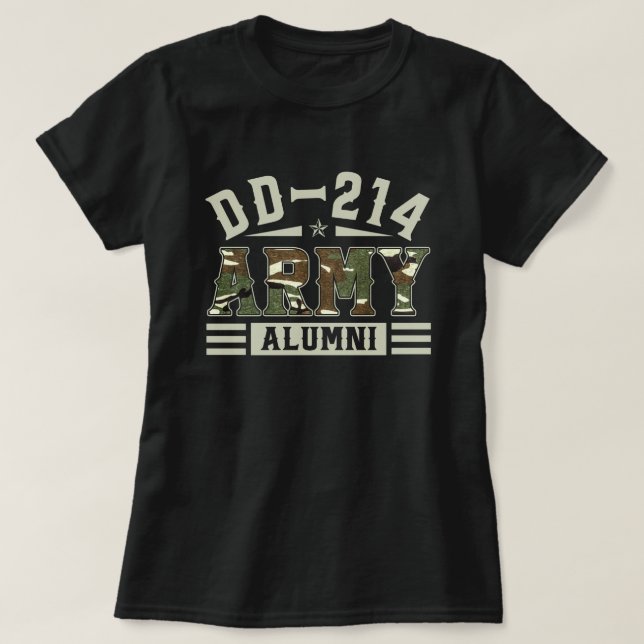 DD-214 Alumni In Black US Military Veteran Retired T-Shirt (Design Front)