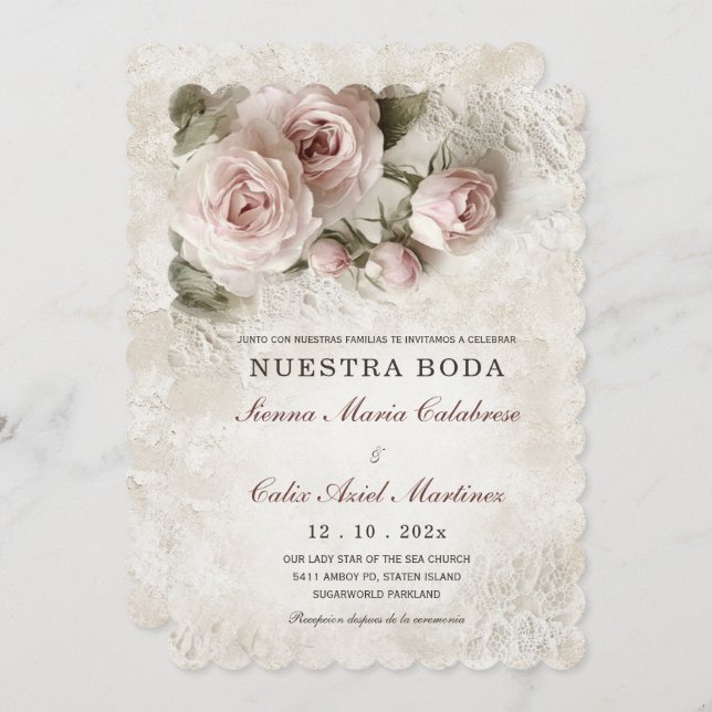 De Boda Elegante Con Flores Rosa Pastel Invitation (Front/Back)