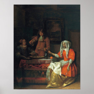 De Hooch - Women And A Man Drinking And Eating Oy… Poster
