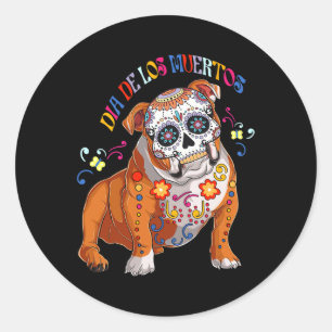 De Los Muertos English Bulldog Floral Skull Face M Classic Round Sticker