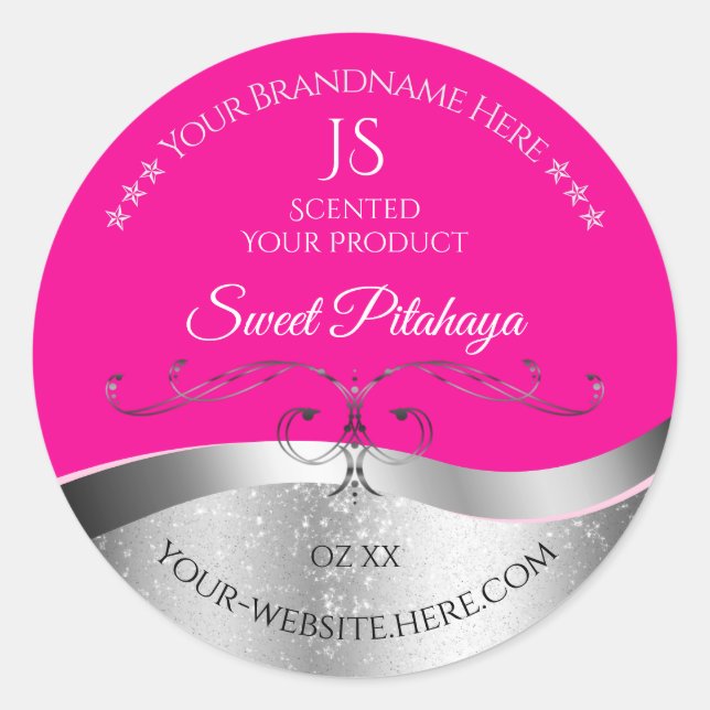 De Luxe Wavy Silver Decor Hot Pink Monogram Label (Front)