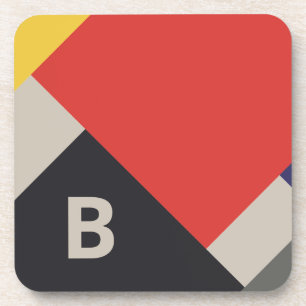 De Stijl Inspired Primary Colored Squares Monogram Coaster