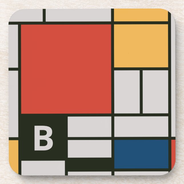 De Stijl Inspired Primary Coloured Squares Monogra Coaster (Front)