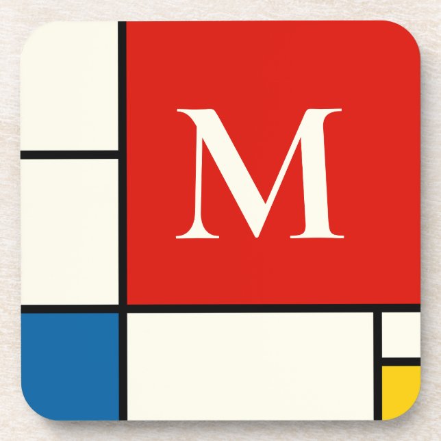 De Stijl Inspired Primary Coloured Squares Monogra Coaster (Front)