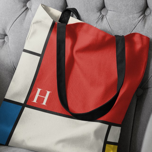 De Stijl Inspired Primary Coloured Squares Monogra Tote Bag (Creator Uploaded)
