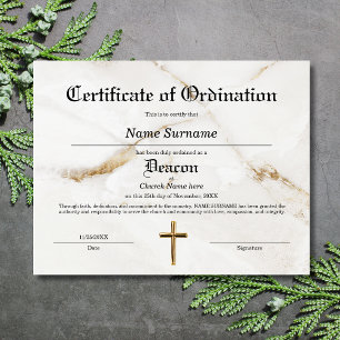  Deacon Church Certificate of Ordination