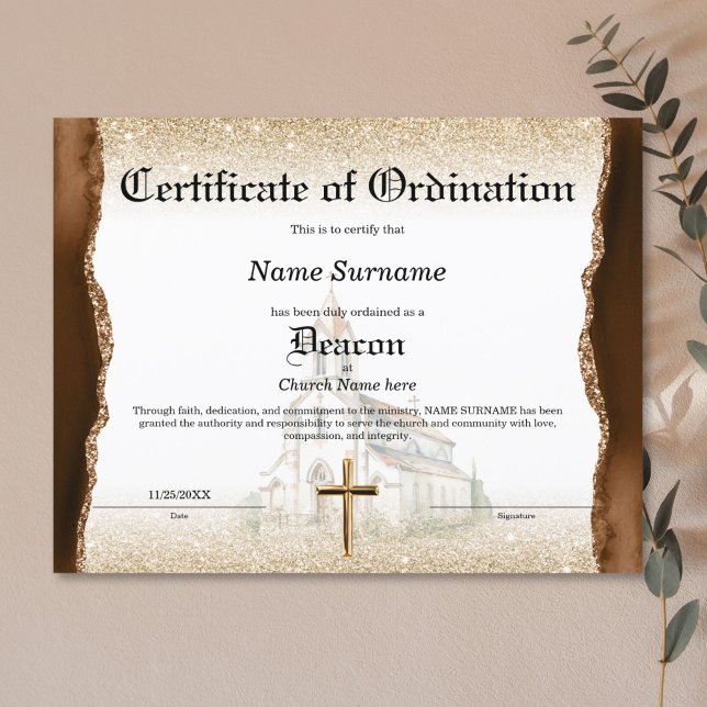  Deacon Church Certificate of Ordination (pastor ordination certificate with brown agate, gold glitter and watercolor church)