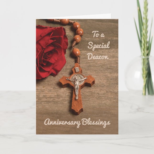 Deacon Ordination Anniversary Red Rose and Rosary Card (Front)