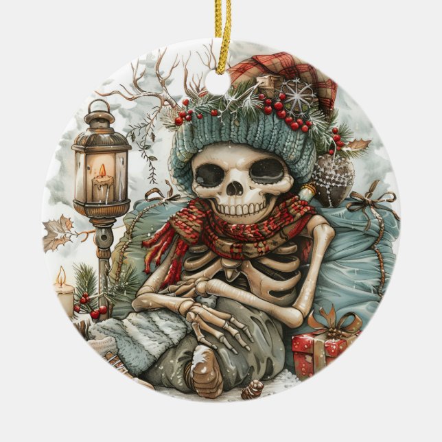 Dead Cosy – Winter Skeleton Vibes” Ceramic Ornament (Front)