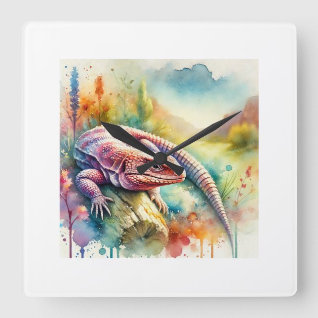 Dead Cow Lizard 310824AREF112 - Watercolor Square Wall Clock (Front)