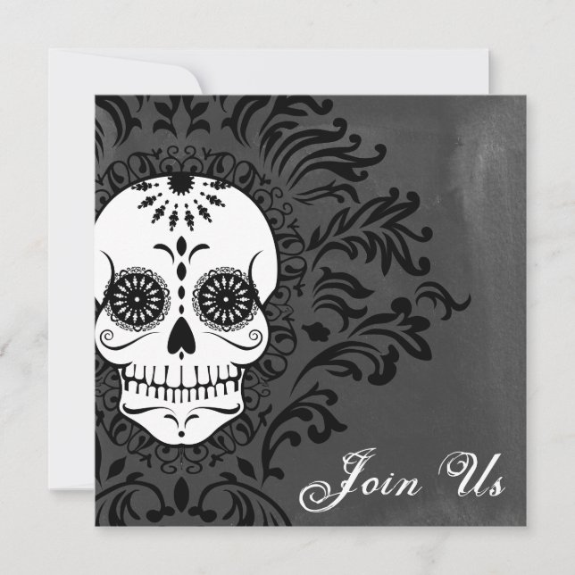 Dead Damask Sugar Skull on Grey Watercolor Invitation (Front)
