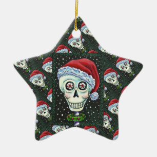 DEAD HEAD SANTA SKULL, CHRISTMAS SKELETON HUMOR CERAMIC ORNAMENT