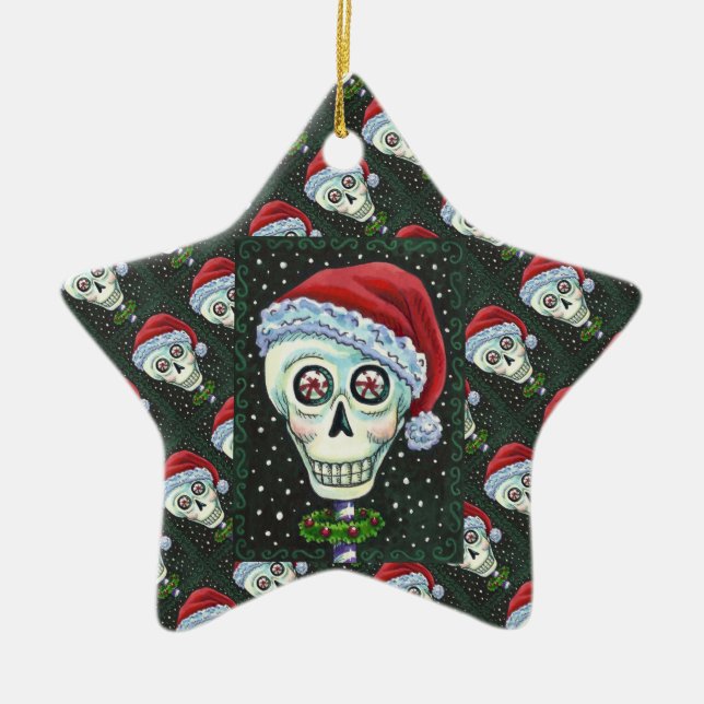 DEAD HEAD SANTA SKULL, CHRISTMAS SKELETON HUMOR CERAMIC ORNAMENT (Front)