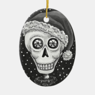 DEAD HEAD SANTA SKULL, CHRISTMAS SKELETON HUMOR CERAMIC ORNAMENT