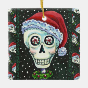 DEAD HEAD SANTA SKULL, CHRISTMAS SKELETON HUMOR CERAMIC ORNAMENT