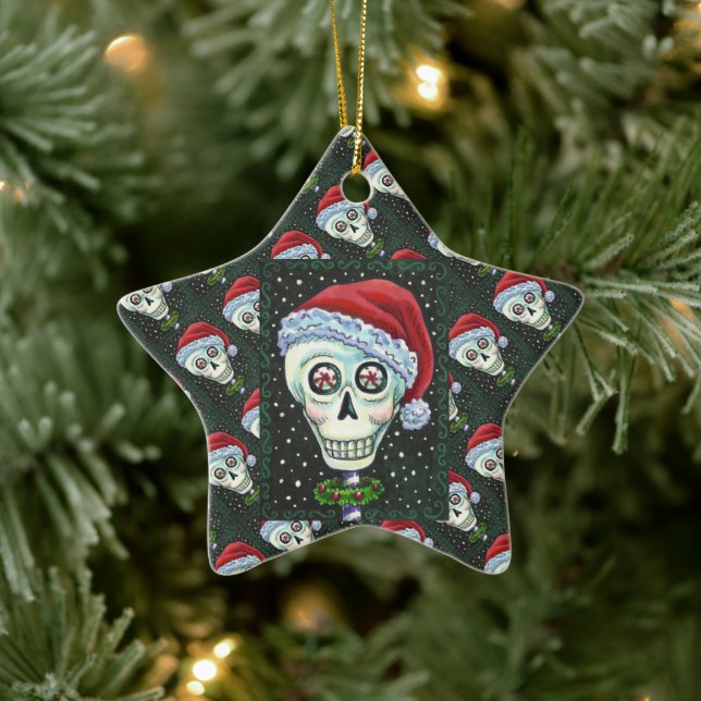 DEAD HEAD SANTA SKULL, CHRISTMAS SKELETON HUMOR CERAMIC ORNAMENT (Tree)