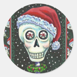 DEAD HEAD SANTA SKULL, CHRISTMAS SKELETON HUMOR CLASSIC ROUND STICKER