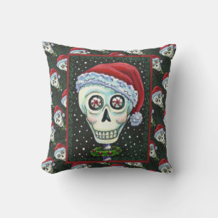 DEAD HEAD SANTA SKULL, CHRISTMAS SKELETON HUMOR CUSHION