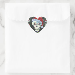 DEAD HEAD SANTA SKULL, CHRISTMAS SKELETON HUMOR HEART STICKER