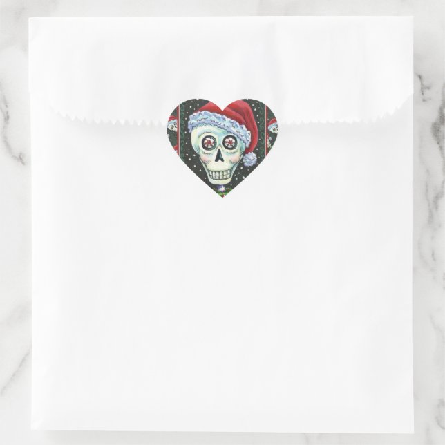 DEAD HEAD SANTA SKULL, CHRISTMAS SKELETON HUMOR HEART STICKER (Bag)