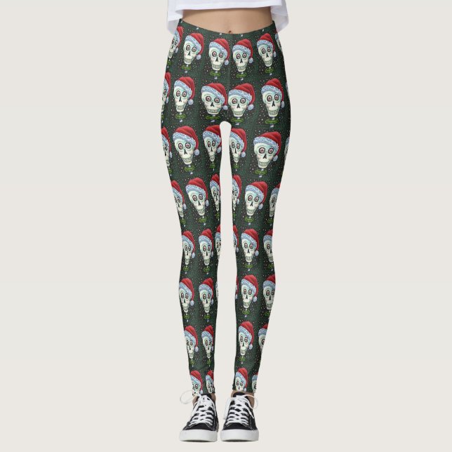 DEAD HEAD SANTA SKULL, CHRISTMAS SKELETON HUMOR LEGGINGS (Front)