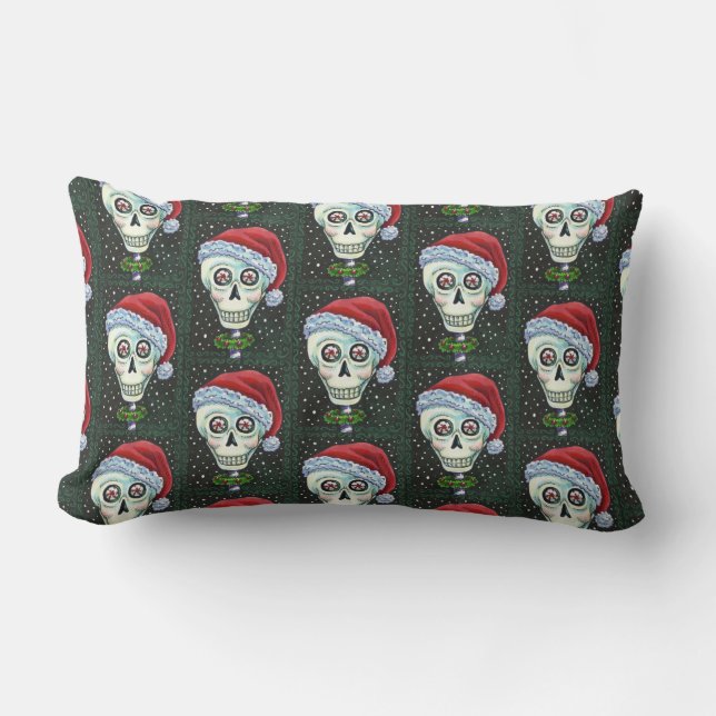 DEAD HEAD SANTA SKULL, CHRISTMAS SKELETON HUMOR LUMBAR CUSHION (Front)