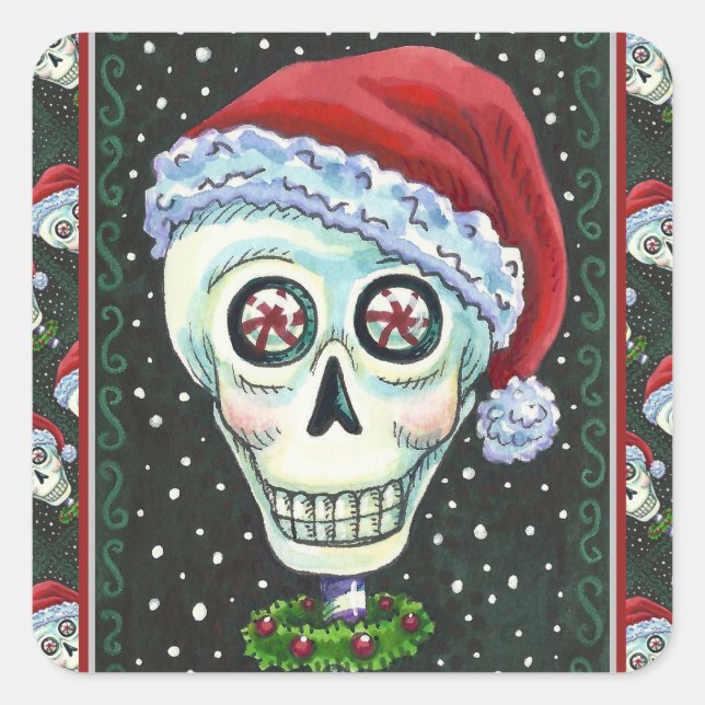 DEAD HEAD SANTA SKULL, CHRISTMAS SKELETON HUMOR SQUARE STICKER (Front)