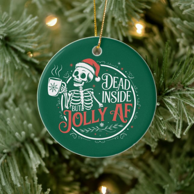 Dead Inside But Jolly Af Skull Santa Claus Xmas Ceramic Ornament (Tree)