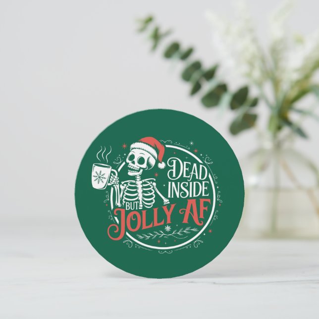 Dead Inside But Jolly Af Skull Santa Claus Xmas Holiday Card (Standing Front)