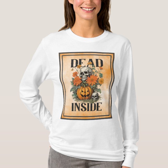 DEAD INSIDE-Spooky Jack O'Lantern Skull & Flowers T-Shirt (Front)