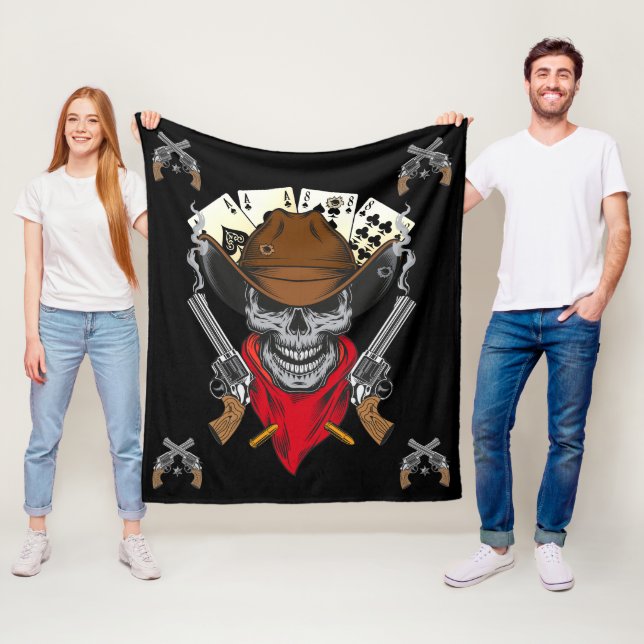 Dead Man's Hand Cowboy Skull Crossed Guns Fleece Blanket (In Situ)
