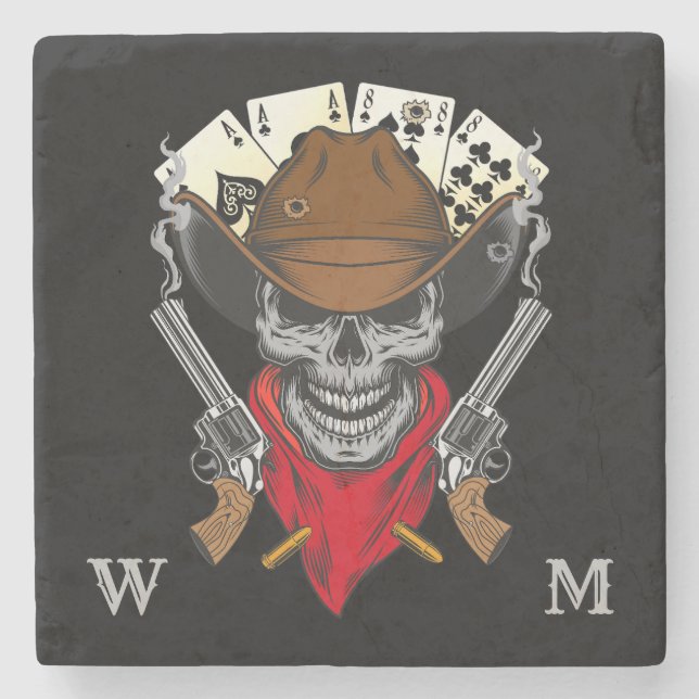 Dead Mans Hand Playing Cards Cowboy Skull Monogram Stone Coaster (Front)