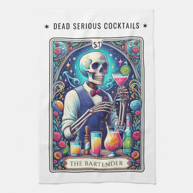 Dead Serious Cocktails Tarot Bartender Skeleton Tea Towel (Vertical)