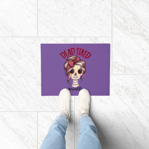 Dead Tired Mum Life Skeleton Messy Bun Bandanna Doormat