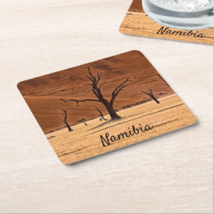 Dead Vlei Namibia landscape photo with text Square Paper Coaster
