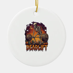 Deadlift Skeleton Barbell Halloween Pumpkins Grave Ceramic Ornament