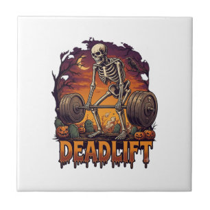 Deadlift Skeleton Barbell Halloween Pumpkins Grave Ceramic Tile