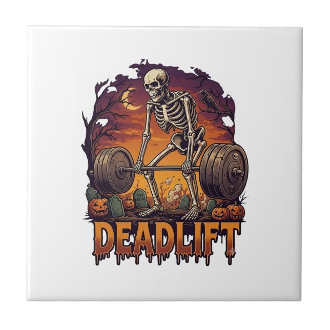 Deadlift Skeleton Barbell Halloween Pumpkins Grave Ceramic Tile (Front)