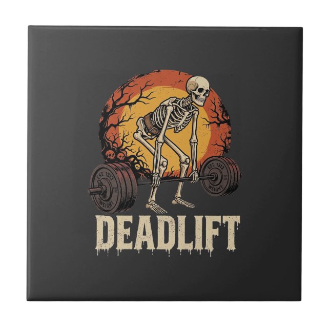 Deadlift Skeleton Halloween Gym Workout Design Ceramic Tile (Front)