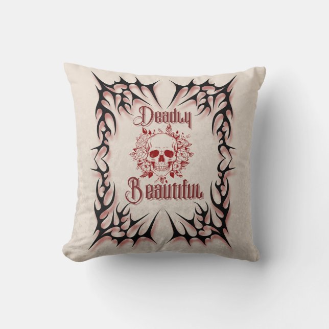 Deadly Beautiful – Gothic Skull Floral Cushion (Front)