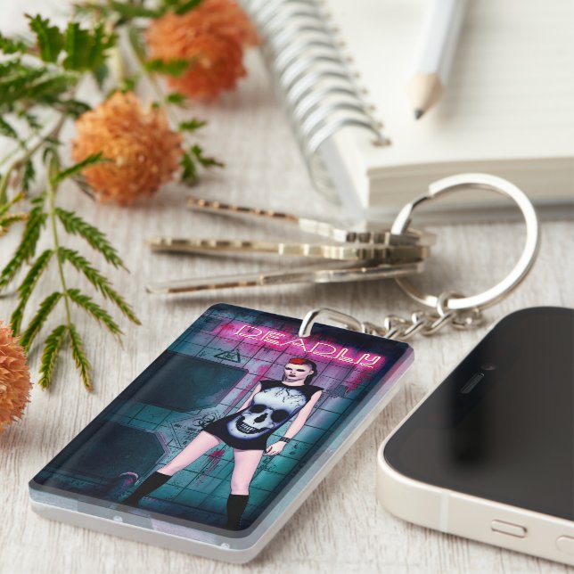 Deadly Neon Punk Skull Girl Key Ring (Front Right)