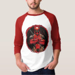 Deadpool in Paint Splatter Logo T-Shirt<br><div class="desc">Deadpool | Here we see Deadpool standing with arms crossed in front of a painted outline of his iconic red and black emblem. Please note: This artwork is intended for ages 13 .</div>