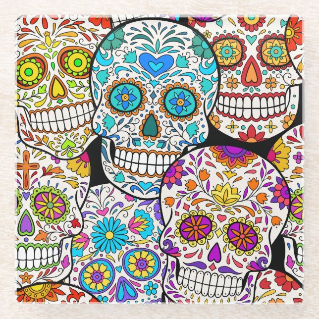 Dead's Day: Vibrant Mexican Patterns. Glass Coaster (Front)