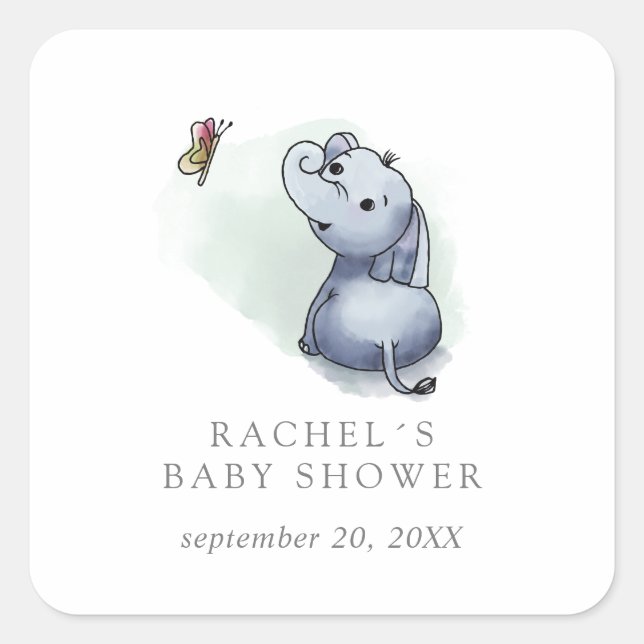 Deaming elephant with butterfly baby shower favour square sticker (Front)