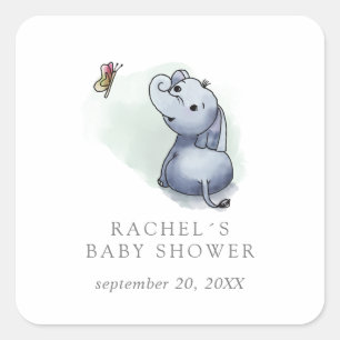 Deaming elephant with butterfly baby shower favour square sticker