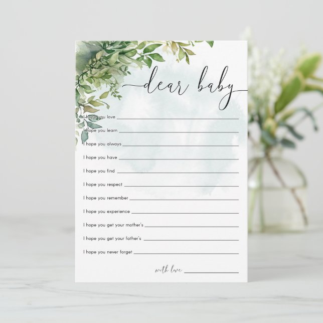 Dear Baby Watercolor Greenery Baby Shower Game Invitation (Standing Front)