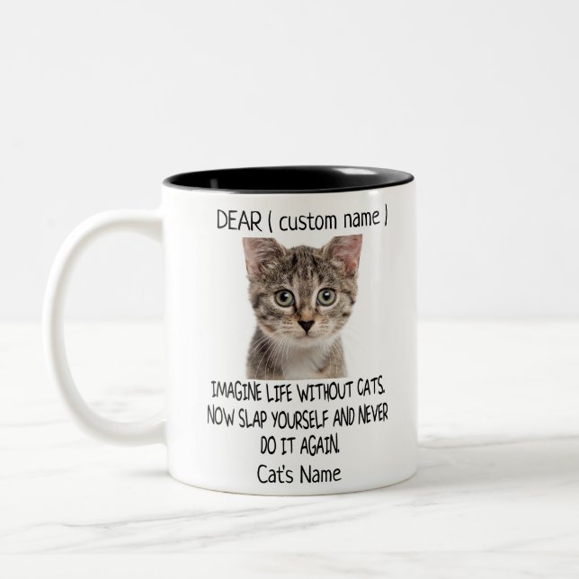 Dear Cat Dad photo collage and cat's name Two-Tone Coffee Mug (Left)