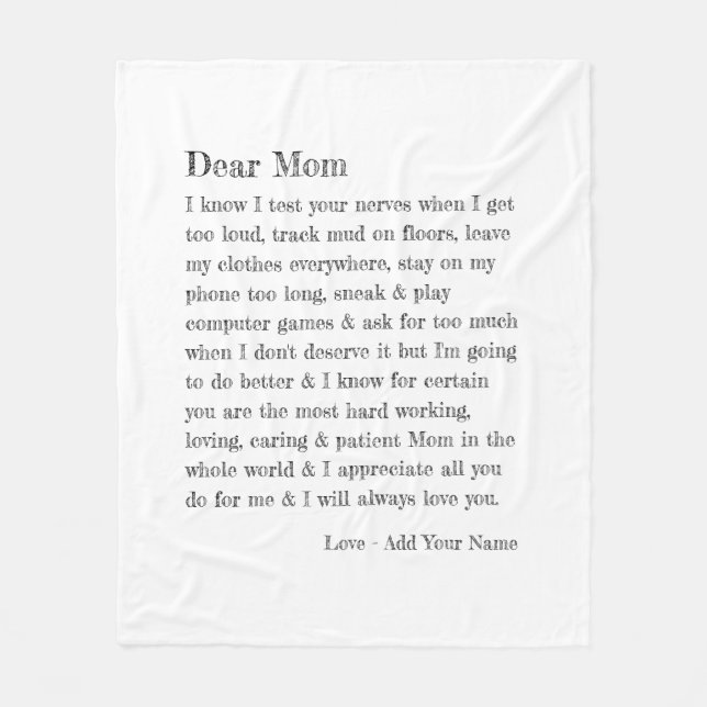 Dear Mum Letter Typography Personalised Fleece Blanket (Front)