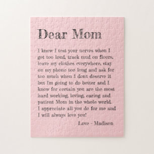 Dear Mum Mothers Day Letter Fun Pink Typography Jigsaw Puzzle