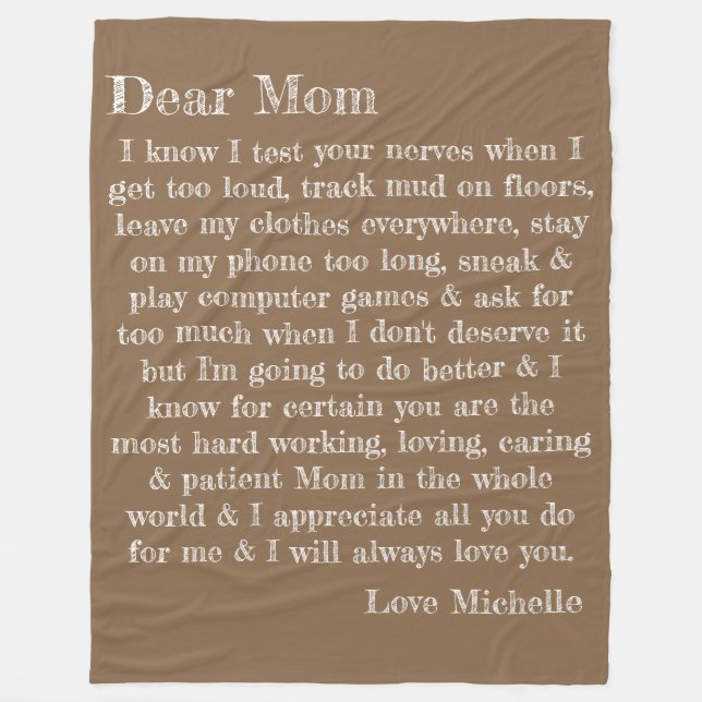 Dear Mum Typography Letter Beige Personalised Fleece Blanket (Front)